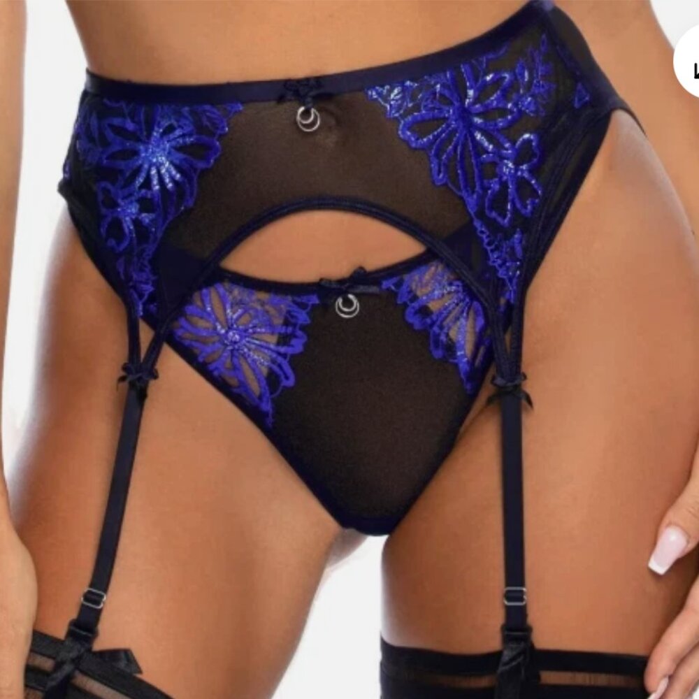 Axami V-10222 Brilliance Embroidery Garter Belt Blue Shimmer Size M, Lingerie